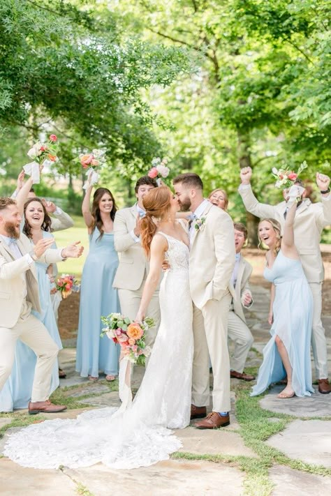 The Barn at Shady Lane Spring Wedding Fun Bridal Party Photos Wedding Party With Tan Suits, Beige Groomsmen Suits Blue Bridesmaid Dresses, June Wedding Bridal Party, Tan Suit Blue Bridesmaid Dress, Sky Blue Bridesmaids And Groomsmen, Blue Bridesmaid Dresses With Tan Groomsmen, Blue Bridesmaids Dresses With Groomsmen, Spring Wedding Colors Bridal Party, Tan Groomsmen Suits With Blue Bridesmaids