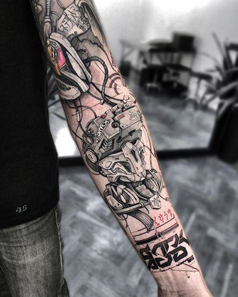 Small Japanese Tattoo, Cyberpunk Tattoo, Black Art Tattoo, Robot Illustration, Cyberpunk Style, Tattoo Sleeve Designs, Tattoo Pattern, Tattoo Sleeve, Tattoo Placement