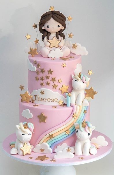 Princess And Unicorn Cake, Unique Unicorn Cake Design, Unicorn Princess Cake, Full Moon Cake, Jungle Birthday Cake, Cake Designs For Girl, 1st Bday Cake, Cake Unicorn, Fondant Cakes Birthday