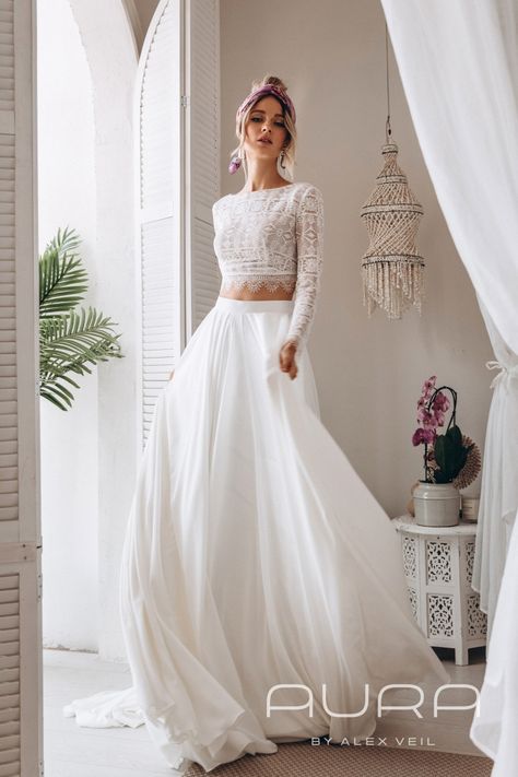 Comfortable Wedding Dress, Beige Wedding Dress, Modest Lace Wedding Dresses, 2 Piece Wedding Dress, Crop Top Wedding Dress, Cream Wedding Dresses, Princess Bridal Gown, Two Piece Wedding Dress, Gown Photos