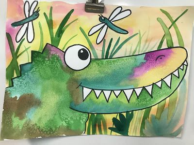 Elements of the Art Room: 1st grade Catherine Rayner Crocodiles 1st Grade Watercolor Art, 1st Grade Art Ideas, 1st Grade Spring Art, Elementary Art Lessons 1st Grade, Spring Art Lessons Elementary, Easy Kindergarten Art, Grade Two Art, Grade 2 Art Ideas, Grade 1 Art Ideas