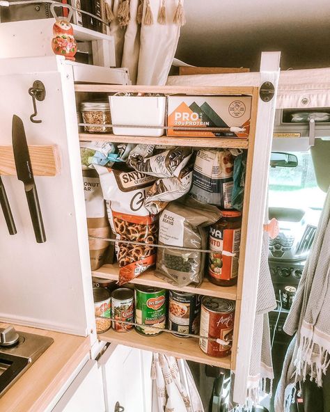 The Griggs Family on Instagram: “We like snacks and we don’t care who knows! 🥨🍿🍭🍬🍫🍪🥜🧃🥫⁣ ⁣ Welcome to our vantry (van + pantry). It’s tall person pull-out height so we don’t…” Van Life Pantry, Remodeling Camper, Pull Out Pantry, Caravan Interior, Van Build, Fridge Storage, Tall Person, Camper Remodel, Remodeled Campers