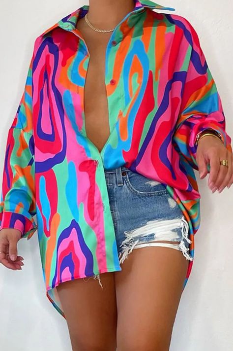 Multi Color Print Turndown Collar Top - Preorder - Posh Shoppe Colour Fashion, Straight Clothes, Collared Shirt Dress, Dress Sleeve Styles, Turndown Collar, Womens Tie, Cardigan Fashion, Collar Blouse, Tie Dye Print