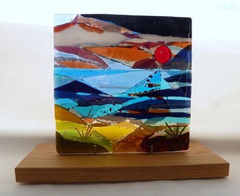 Evening – Landscape Series fused glass by Jeanette Cook Glass Wall Art Panels, Landscape Ocean, Mix Colour, Glass Fusion Ideas, Picture Mix, Fused Glass Artwork, Glass Fusing Projects, Making Stained Glass, Contemporary Glass Art