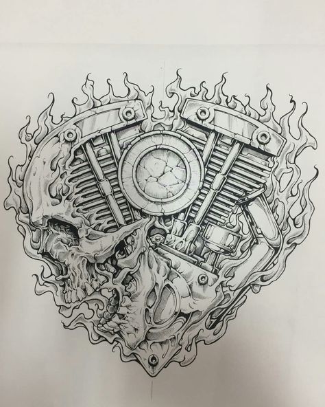 Motorcycle Engine Drawing, Harley Davidson Tattoo Design, Motorcycle Engine Tattoo, Skull Biker Tattoo, Biker Art Drawing, Gearhead Tattoo, Biker Tattoo Design, Biker Drawing, Biker Tattoos Designs