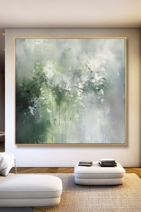 Original handmade green abstract painting with soft sage and misty gray hues, featuring textured brushstrokes and a serene, misty atmosphere Green Abstract Painting, Misty Grey, Green Paintings, Neutral Art, Handmade Wall Art, Green Abstract, Abstract Wall, Decor Art, Abstract Wall Art