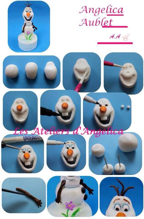 Olaf tutorial Gumpaste Cake Toppers, Torte Frozen, Olaf Cake, Bolo Frozen, Snowman Cake, Cake Topper Tutorial, Fondant Tutorial, Fondant Decorations, Character Cakes