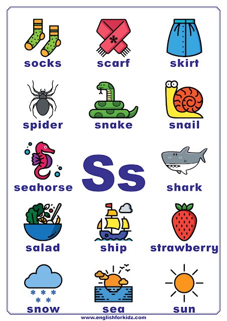 English alphabet poster to learn letter S Phonics Letter S Activities, S Pictures Letter, S Words Preschool, S Letter Words With Pictures, S Word Letter, Letter S Worksheets Kindergarten, S Sound Words, Letter S Kindergarten, Words That Start With A