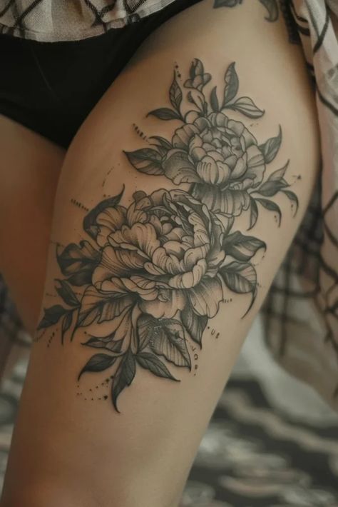 Women's Floral Thigh Tattoo Ideas Thigh Tattoo Placement Ideas, Tattoo Across Thigh, Shaded Floral Tattoo, Top Of Thigh Tattoo, Outer Thigh Tattoos Women, Flower Hip Tattoo Thigh Piece, Feminine Thigh Tattoos Women, Large Thigh Tattoo For Women, Thigh Tattoo Flower