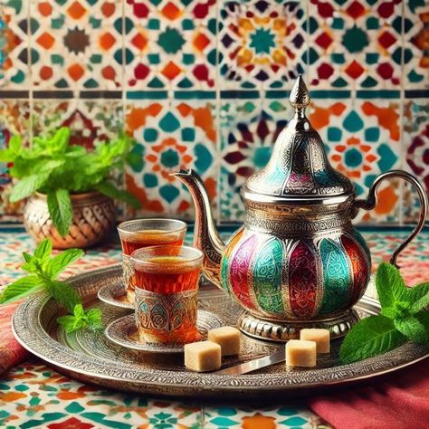 Moroccan Tea Set, Moroccan Tea, Moroccan Mint Tea, Brew Tea, Tea Culture, Mint Tea, Fresh Mint Leaves, Brewing Tea, Mint Leaves