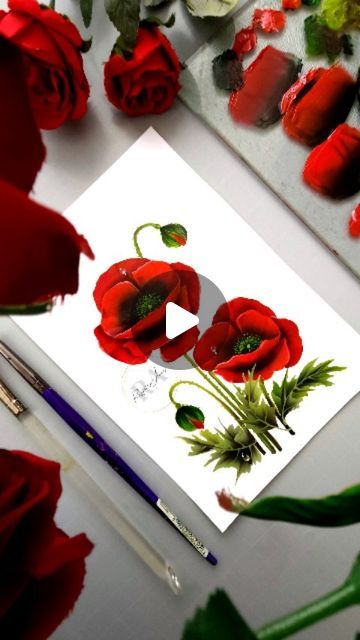 How To Paint Poppy Flowers, Renjitha Anoop Painting, How To Paint Poppies, Poppy Painting Acrylic, Painting Flower Bouquet, Red Poppies Painting, Red Poppy Painting, Poppy Flower Painting, Red Poppy Flower