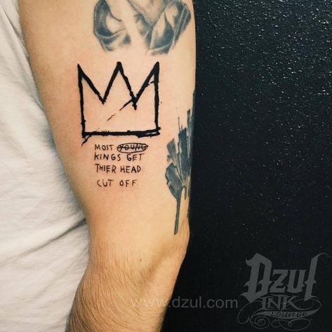 Jean-Michel Basquiat  crown #mostyoungkingsgettheirheadscutoff #hiphop #graffitiking #popculture #broklyn #realartist #tattoo #ink #cutoff #dzul #dzulart #dzultattoo  (at DZUL) Jean Michel Basquiat Crown, Basquiat Tattoo, Basquiat Crown, Graffiti King, Crown Tattoo Design, Music Tattoo Designs, Crown Tattoo, Music Tattoo, Hair Tattoos