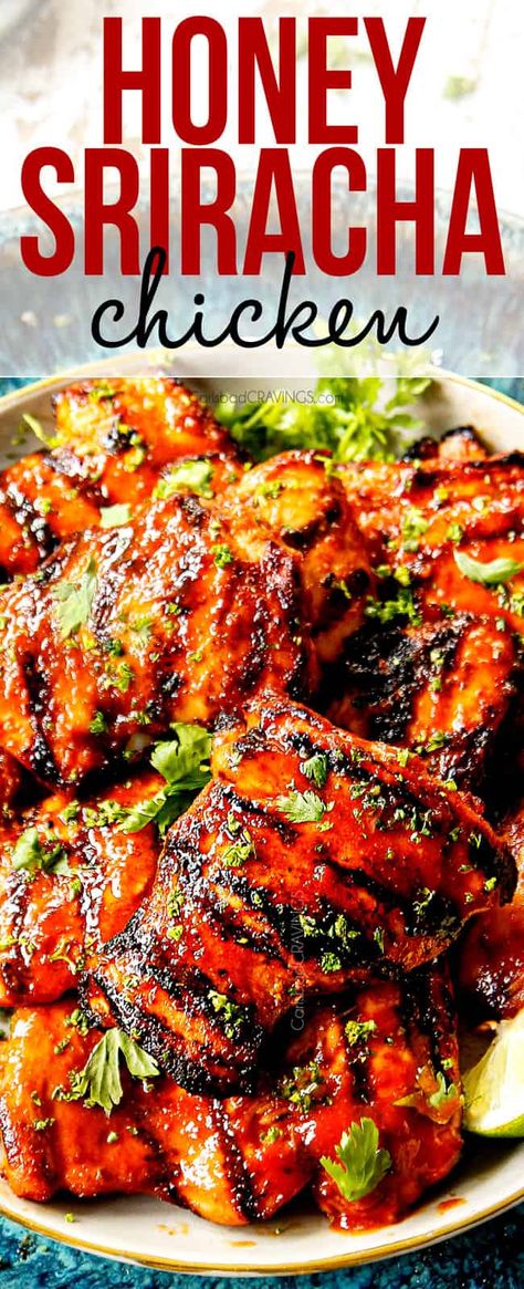 BEST Honey Sriracha Chicken! (Grilled, Baked or Stovetop + how to freeze) Honey Siracha Chicken, Crockpot Shredded Chicken Tacos, Crockpot Shredded Chicken, Best Salads, Honey Sriracha Chicken, Grilled Chicken Marinade, Sriracha Chicken, Sandwiches Wraps, Chicken Grilled