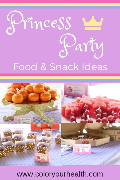 Disney princess party food ideas: cute names to turn any party food into royal princess dishes! Princess Tea Party Food Ideas, Princess Party Finger Foods, Disney Princess Birthday Party Snacks, Princess Party Drinks, Easy Diy Princess Party Decorations, Princess Party Appetizers, Disney Princess Veggie Tray, Princess Lunch Ideas, Princess Birthday Snacks