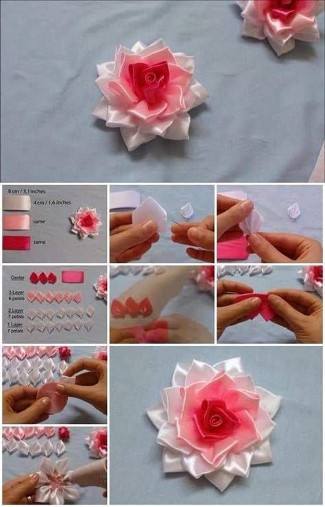 Make Flowers Out Of Ribbon, Flowers Out Of Ribbon, Ribbon Flowers Bouquet, Diy Project Ideas, Ribbon Flowers Diy, Ribbon Flower Tutorial, Diy Ribbon Flowers, Make Flowers, Ribbon Crafts Diy