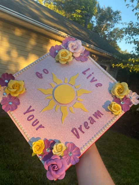 Tangled theme, 2020 Tangled Formal Theme, Tangled Senior Parking Spot, Tangled Graduation Party, Tangled Grad Cap, Rapunzel Graduation Cap, Rapunzel Grad Cap, Tangled Graduation Cap, Graduation Cap Decoration Nursing, Diy Grad Cap