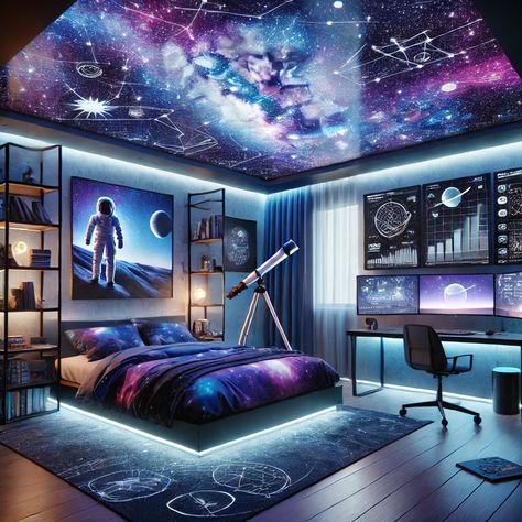 Enter a galaxy of your own with this futuristic space-themed room! ✨ Featuring a glowing LED galaxy ceiling, neon blue and purple lighting, and astronomy posters, this setup is perfect for space lovers. A telescope by the window allows for stargazing, while a sleek high-tech desk and floating shelves filled with space memorabilia complete the look. 🌠🚀 #SpaceLover #GalaxyRoom #FuturisticVibes Desk And Floating Shelves, Galaxy Ceiling, Galaxy Room Decor, Astronomy Posters, Room Decor Space, Galaxy Room, Sky Chart, Galaxy Decor, Astronomy Poster