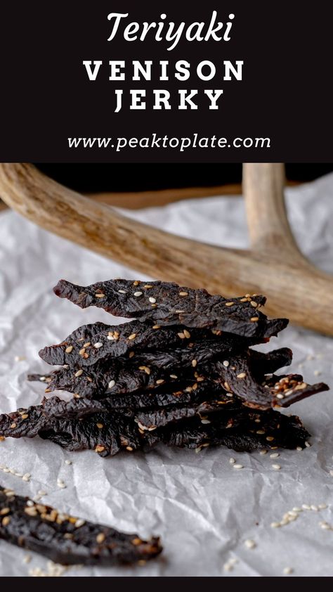 Homemade Teriyaki Venison Jerky Teriyaki Venison Jerky Recipe, Teriyaki Deer Jerky Recipe, Deer Jerky Seasoning Recipe, Teriyaki Jerky Marinade Recipes, Deer Jerky Recipe Dehydrator, Pork Loin Jerky Recipe, Ground Venison Jerky Recipe, Jerky Marinade Recipes, Jerky Recipes Dehydrator