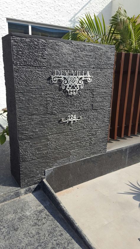 Compound Wall Name Plate Design, Outdoor Name Plates For Home, House Number Plates Design, House Name Plate Ideas, Villa Name Plate Design, Gate Name Plate Design, House Name Board Design, Villa Names Ideas, Name Plate Wall Design