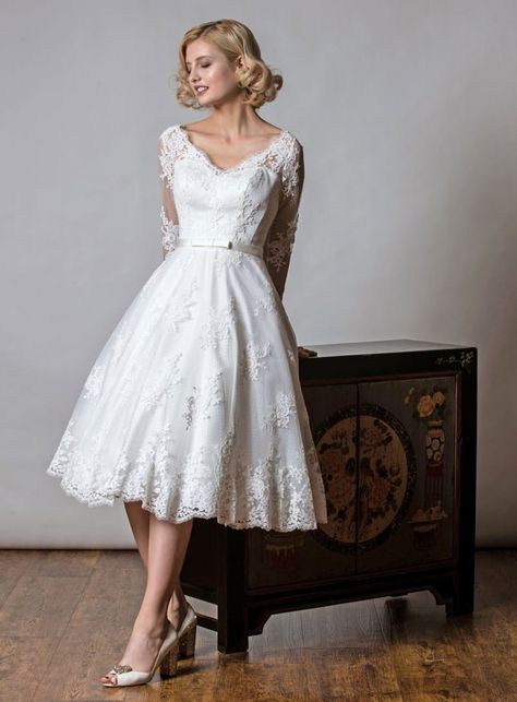 Rita Mae Bridal Tea Dress Tea Length Wedding Dress Vintage, Short Wedding Dress Vintage, Short Wedding Gowns, Short Lace Wedding Dress, Vintage Style Wedding Dresses, Vintage Lace Weddings, Wedding Gowns With Sleeves, Tea Length Wedding, Lace Wedding Dress Vintage