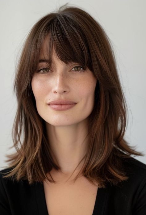 French Haircuts Medium, French Bangs Medium Hair, French Haircut Medium, Haircut Unstyled, Shoulder Length Thick Hair, Medium Length Haircuts With Bangs, Dreamy Hairstyles, French Hairstyle, Lob Haircut With Bangs