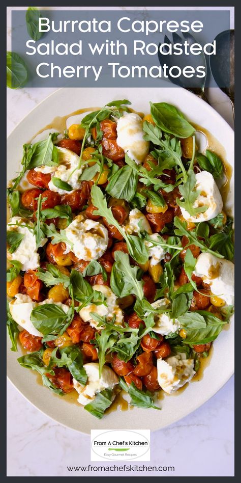 Burrata Caprese Salad is a modern variation of the timeless Caprese classic with jammy roasted cherry tomatoes, a bed of peppery arugula, and luscious burrata cheese for a creamy element.  A drizzle of balsamic vinaigrette adds a delightful tangy-sweet finish to every bite. Burrata Caprese Salad, Burrata Caprese, Cherry Tomato Salad, Caprese Salad Recipe, Burrata Salad, Side Salad Recipes, Leafy Green Salads, Burrata Cheese, Tomato Tart