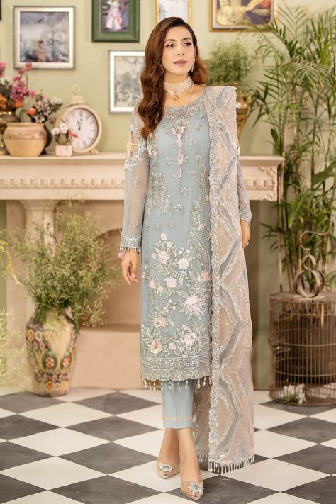 Embroidered Chiffon for front Plan chiffon for back Embroidered chiffon for sleeves Embroidered net dupatta Embroidered organza border for front & back Embroidered organza border for sleeves Dyed raw silk trouser Sara Clothes, Desi Fits, Raw Silk Fabric, Pakistani Salwar Kameez, Chiffon Collection, Embroidered Chiffon, Embroidered Organza, Ladies Clothing, Silk Trousers