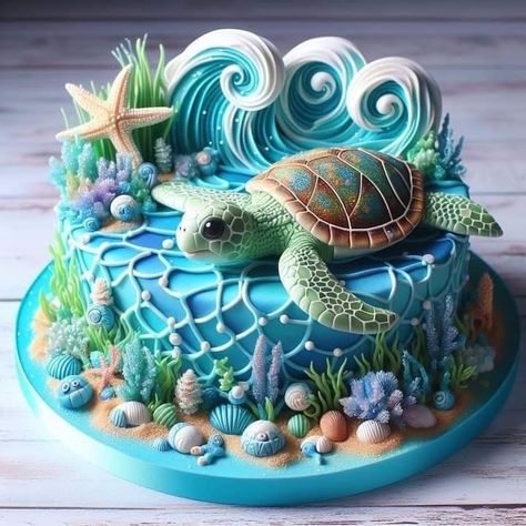 Sea Turtle Cake, Ocean Birthday Cakes, Turtles Cake, Fruits Decoration, Ocean Cakes, Turtle Cake, Sea Cakes, Beach Cakes, Creative Cake Decorating