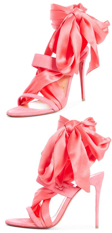 Christian Louboutin Foulard Cheville Tie Up Sandal. A satin ribbon slithers through the straps of this gleaming gold sandal before tying into a lavish bow at the ankle. Coral was once reserved for your Grandmas lipstick has now taken its place as one of the most versatile colours to have become fashionable in recent years. There are numerous options to choose as it combines well with lot's of colours you already have in your wardrobe. How to wear Coral. #louboutins #fashion #fashionista #shoes Coral Outfit Ideas, Shoes For Wedding Guest, Colour Shoes, Kentucky Derby Outfit, Mother Of The Bride Shoes, Coral Outfit, Ribbon Sandals, Summer Wedding Guest Outfit, Wedding Sunglasses