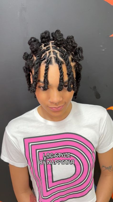 Barrel Updo Locs, Easy Dread Styles Women, Cool Locs Hairstyles, Loc Bob With Bangs, Birthday Loc Styles For Women, Short Loc Bob, Shoulder Length Loc Styles, Loc Crown Style, Cornrows On Locs