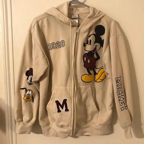 Disney Mickey Mouse Women's Large Full Zip Sweatshirt Hoodie Chenille Patches Never Worn Soft Cute Disney Cream Color Cute Disney Hoodies, Disney Hoodie, Patch Hoodie, Mickey Sweatshirt, Chenille Patches, Beige Sweatshirt, Disney Clothes, Mickey Mouse Sweatshirt, Xmas List