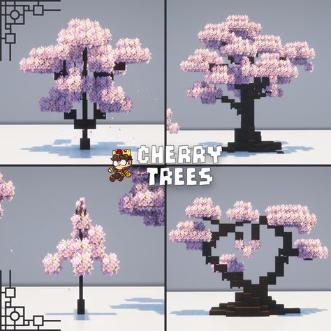 Cherry Trees (Free Download!) | Patreon How To Build Custom Trees In Minecraft, Cherry Tree House Ideas Minecraft, Cherry Trees Minecraft, Cute Cherry Minecraft House, Minecraft Cherry Village Ideas, Minecraft Building Ideas Purple, Cherry Treehouse Minecraft, Fairy Lights Minecraft, Cherry Mc House