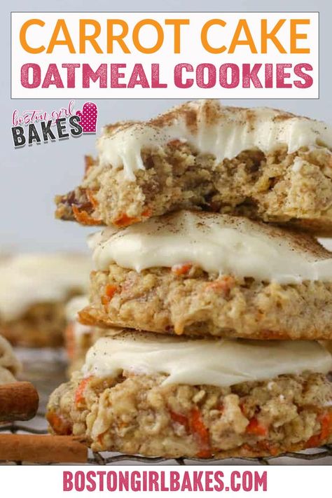 Carrot Cake cookies with cream cheese frosting is just what your Easter called for! Classic oatmeal cookie loaded with carrots, spices, golden raisins, coconut, and walnuts! I don’t know about you but when it comes to Easter desserts, I head straight for a slice of carrot cake slathered in cream cheese frosting. | @bostongirlbakes #carrotcakecookies #easyeastercookies #carrotcakecookierecipe #besteastercookierecipes #carrotcakerecipes #oatmealeastercookies #eastercookietreats Carrot Cake Cream Cheese Cookies, Healthy Carrot Cake Oatmeal Cookies, Carrot Cake Cookie Recipe, Stuffed Carrot Cake Cookies, Carrot Cake Oatmeal Cookies, Carrot Cake Stuffed Cookies, Carrot Cake Cookies Recipe, Carrot Desserts, Cookies With Cream Cheese Frosting