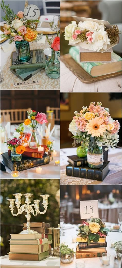 Centerpieces With Books, Vintage Wedding Centerpieces Pearls, Vintage Book Centerpiece, Book Wedding Centerpieces, Bohemian Centerpieces, Vintage Wedding Centerpieces, Vintage Birdcage, Book Centerpieces, Book Themed Wedding