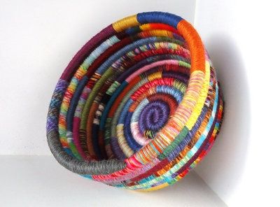 FIber Arts - Yarn & Fabric - riverside art Yarn Baskets, Colorful Basket, Coil Basket, Yarn Basket, Coiled Fabric Basket, Colorful Baskets, Fiber Art Projects, Coiled Rope, Coiled Baskets