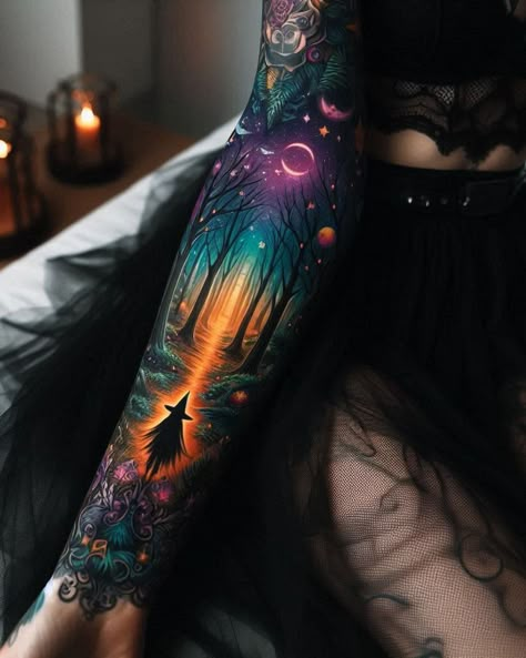 Bring the enchanting beauty of a forest to life with an arm tattoo that captures its magic. From towering trees to tiny critters, it’s a masterpiece for nature lovers. Alice In Wonderland Sleeve Tattoo, Alice In Wonderland Sleeve, Tattoo Ideas Color, Acomaf Tattoo, Fairy Sleeve, Tattoos Nature, Halloween Tattoos Sleeve, Tattoos Sleeve, Fairy Tattoo Designs