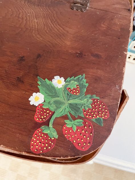 found this adorable picnic basket and just had to paint something on it! Painted Baskets Ideas, Painted Picnic Basket, Basket Painting, Strawberry Picnic, Alice Art, Wooden Bins, Basket Drawing, Painted Baskets, Painted Wooden Boxes