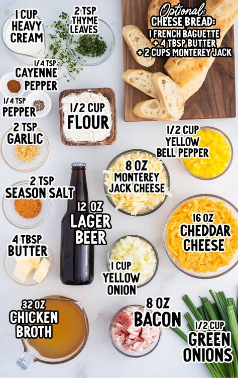 Beer Cheese Soup raw ingredients that are labeled Bacon Beer Cheese Soup, Beer Cheese Soup Crockpot, Irish Beer Cheese Soup, Wisconsin Beer Cheese Soup, Beer Cheese Soup Recipes, Beer Cheese Recipe, Beer Cheese Soup, Hearty Soup Recipes, Flavored Beer