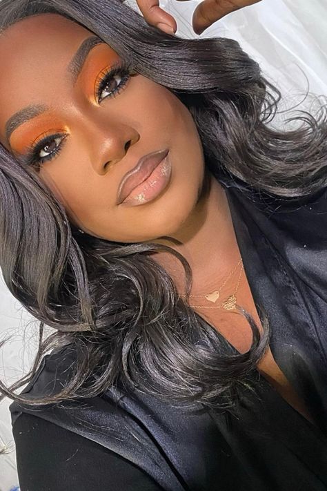 Soft Glam Orange Makeup, Orange Carnival Makeup, Orange Eyeshadow Black Women, Gold And Orange Makeup Looks, Orange Waterline Makeup, Burnt Orange Makeup Looks, Orange Soft Glam Makeup Black Women, Orange Inspired Makeup, Prom Makeup Orange Dress