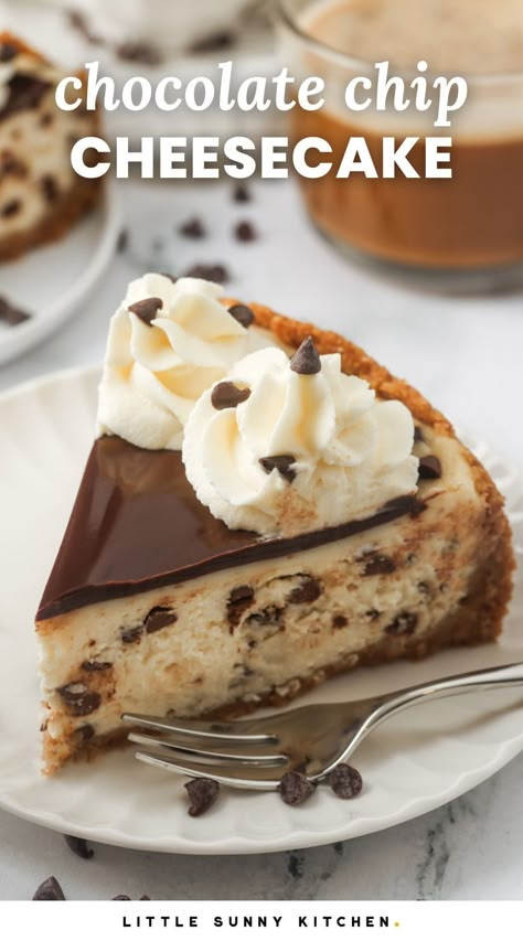 This chocolate chip cheesecake recipe is the ultimate rich and creamy dessert with a thick graham crust, topped with silky chocolate ganache and whipped cream. Cheesecake With Chocolate Topping, Chocolate Chip Cheesecake Cake, Cheesecake Recipes With Chocolate, Chocolate Chip Cheesecake Recipes Easy, Mini Chocolate Chip Cheesecakes, Chocolate Chip Cheesecake Recipes, Choc Chip Cheesecake, No Bake Chocolate Chip Cheesecake, Easy Chocolate Chip Cheesecake