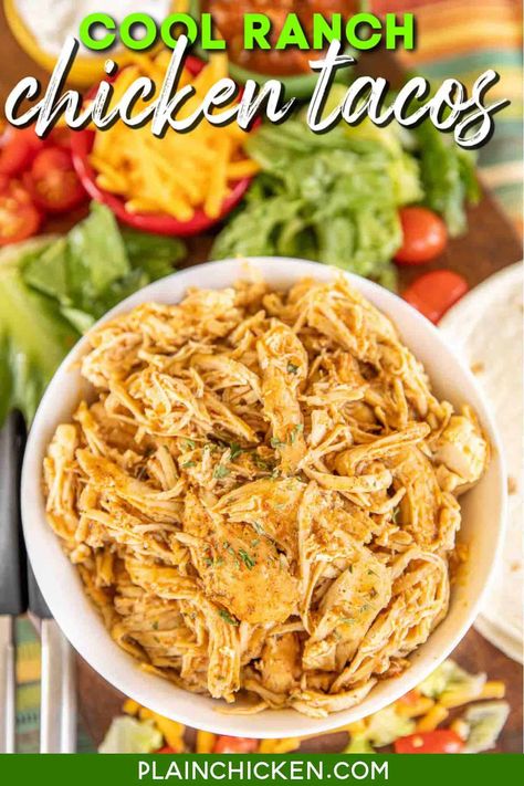 Cool Ranch Chicken Tacos, Cool Ranch Chicken, Ranch Chicken Tacos, Crockpot Chicken Tacos, Chicken Ranch Tacos, Taco Filling, Slow Cooker Chicken Tacos, Shredded Chicken Tacos, Chicken Tacos Crockpot