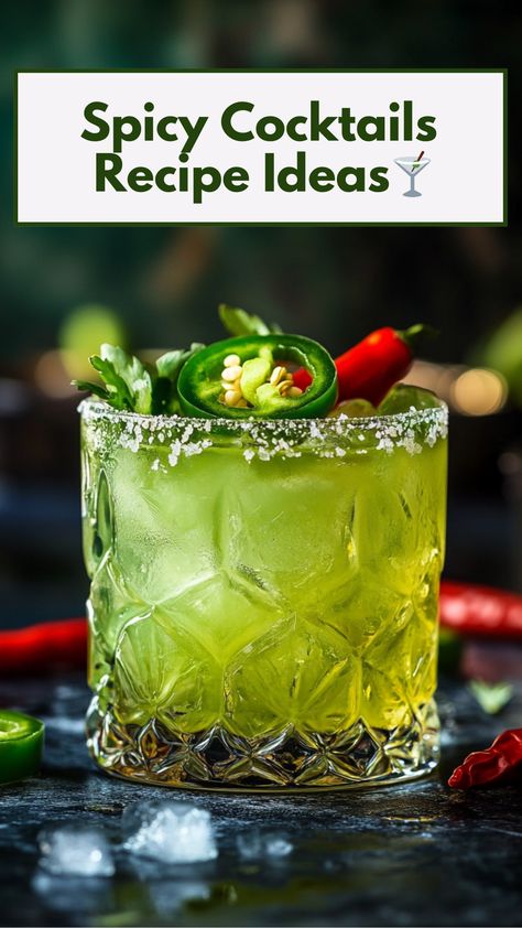 A vibrant jalapeño margarita garnished with fresh chili peppers, showcasing a spicy cocktail recipe idea. Spicy Alcoholic Drinks Recipes, Halloween Spicy Margarita, Spicy Drinks Cocktails, Jalapeno Cocktail Recipes, Savory Cocktail Recipes, Spicy Cocktail Recipes, Aloe Cocktail, Latin Cocktails, Jalapeño Cocktail