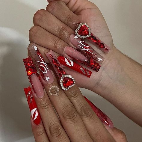 @grabbersbydrea on Instagram: "the vday sets are beginning.. ༝༚༝༚♥️ inspo @naildbyevelyn 🫶🏻 ___________________ @nails_and_blinks ( use code 💞DREA10💞 for $$ off ) - xl coffin tips - top coat - liner brushes - jolly gel collection @bluestreakcrystals ( use code ✨DREA✨ for $$ off ) ♥️ #nails #nailsofinstagram #nailtech #phoenixnailtech #beginnernailtech #explorepage #explore" French Tip Nails Design, Cat Claw Nails, Coffin Tips, Vday Nails, Valentines Day Nails, Red Acrylic Nails, Punk Nails, February Nails, Long Acrylic Nail Designs