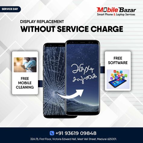 MOBILE BAZAR ( Authorized LENOVO Service Centre in Madurai) WE DO MOBILE & LAPTOP SERVICE WITHIN 2 HOURS. WE TAKE CARE OF YOUR ALL MOBILE & LAPTOP HIGHLIGHTED SERVICES *HARDWARE ISSUES *BROKEN SCREEN REPLACEMENT *WATER LOCK SERVICE Servicing with brand OG spares with Brand Warranty Visit us at Address - Mobile Bazar, Victoria edward hall building, West veli street, Periyar bus stand near, Madurai - 625001. PH: 7010498749 , 9361909848 Google Map location link: https://g.co/kgs/jAnNDj Mobile Service Poster, Cell Phone Store, Photoshop Lessons, Laptop Service, Edward Hall, Bus Stand, Smartphone Repair, Mobile Service, Phone Store