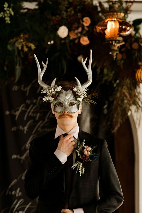 antler mask Dark And Moody Wedding, Alberta Wedding, Masquerade Wedding, Ball Aesthetic, Halloween Ball, Ball Mask, Masked Ball, Wedding Social, Wedding Dress Boutiques