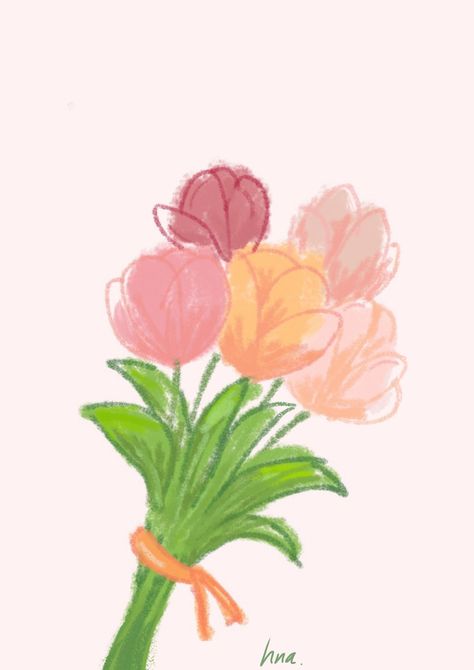 I drew this pic myself not that cute but hope you like that 💚🐸 Flowers For You Drawing, Flowers Tulips Drawing, Tulips Flowers Drawing, Cute Drawing Flowers, Flower Drawing Bouquet, Aesthetic Flower Drawing, Bouquet Of Flowers Drawing, Flowers Animation, Tulip Flower Drawing