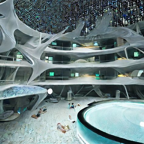 Futuristic Hotel Lobby, Futuristic Hotel, Theatre Inspiration, Hotel Lobby, Movie Theater, Lobby, Doctor Who, Theater, Hotel