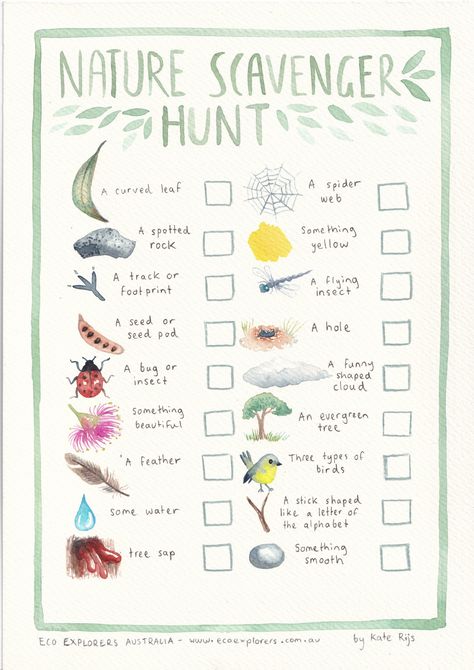 Australian themed nature scavenger hunt which has been hand illustrated and painted by artist and Eco Explorers bush playgroup facilitator Kate Rijs. Outdoor Learning Resources, Nature Scavenger Hunt, Scavenger Hunt Printable, Nature Hunt, Forest School Activities, Nature School, Scavenger Hunt For Kids, Forest School, Outdoor Learning