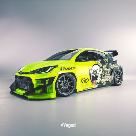 A front three-quarter view of a customized Toyota GR Yaris with a bright neon yellow and black color scheme. The car features a widebody kit by Pandem and prominent Rocket Bunny branding. The side of the car is adorned with a large graphic of a cartoon ghost-like character with a mischievous expression, sticking out its tongue, surrounded by smaller similar characters. The car sits on aggressive aftermarket wheels with a low stance, emphasizing its sporty modifications. Toyota Yaris Tuning, Toyota Gr Yaris, Toyota Yaris Gr, Car Livery, Honda Shuttle, Best Jdm Cars, Car Wrap Design, Racing Car Design, Street Racing Cars