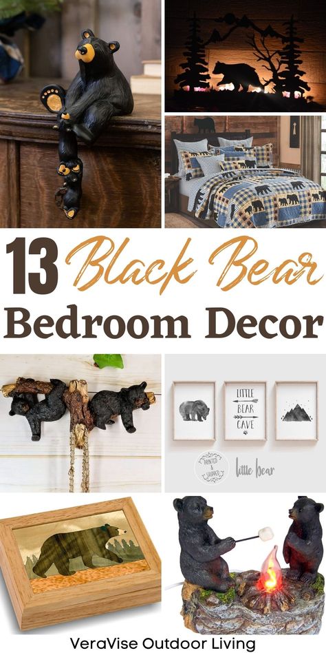 Black Bear Bedroom Ideas, Bear Bedroom Decor, Bear Theme Bedroom, Cabin Bedroom Ideas Rustic, Bear Cabin Decor, Bear Bedroom, Cabin Bedroom Decor, Black Bear Decor, Bear Cave